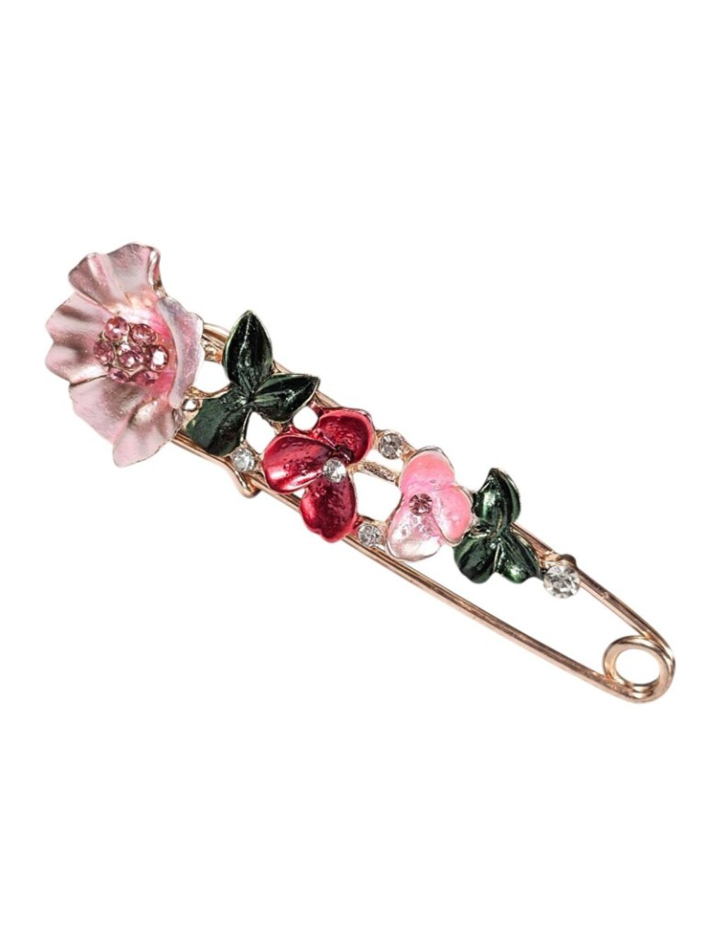 Enamel Floral Safety Pin Brooch Pink & Red Flowers with gold tone VTG - Picture 2 of 4